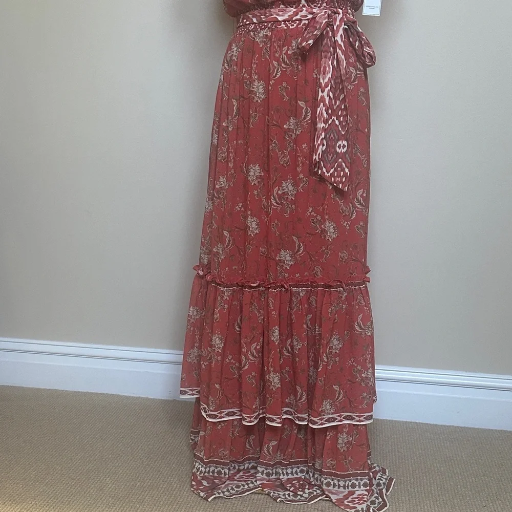 New Aura Rust Floral Ruffle Maxi Dress • Boho Floral Tiered Hem • Size M NWT - Picture 4 of 8